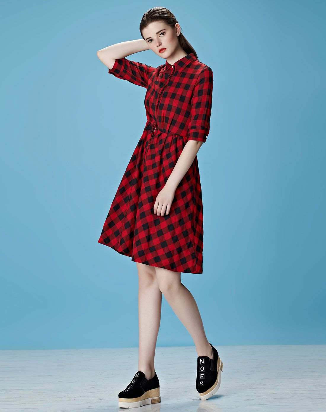 ugoccam红色格子收腰合身款连衣裙aql013371_唯品会