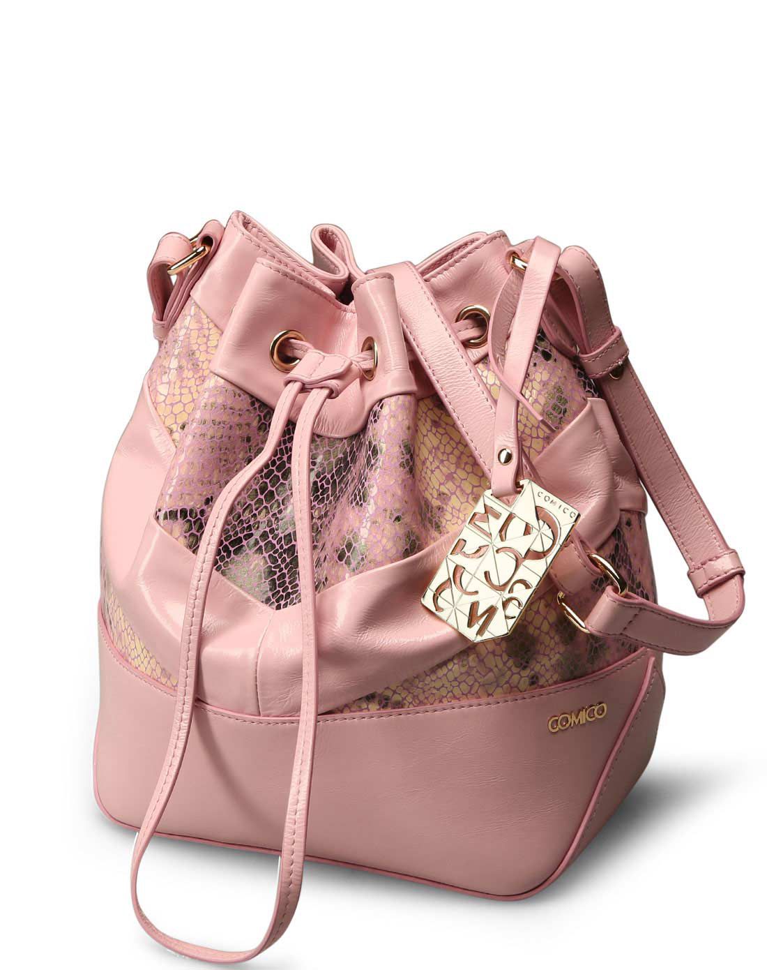 comico高美高女款粉红色斜跨水桶包c5249