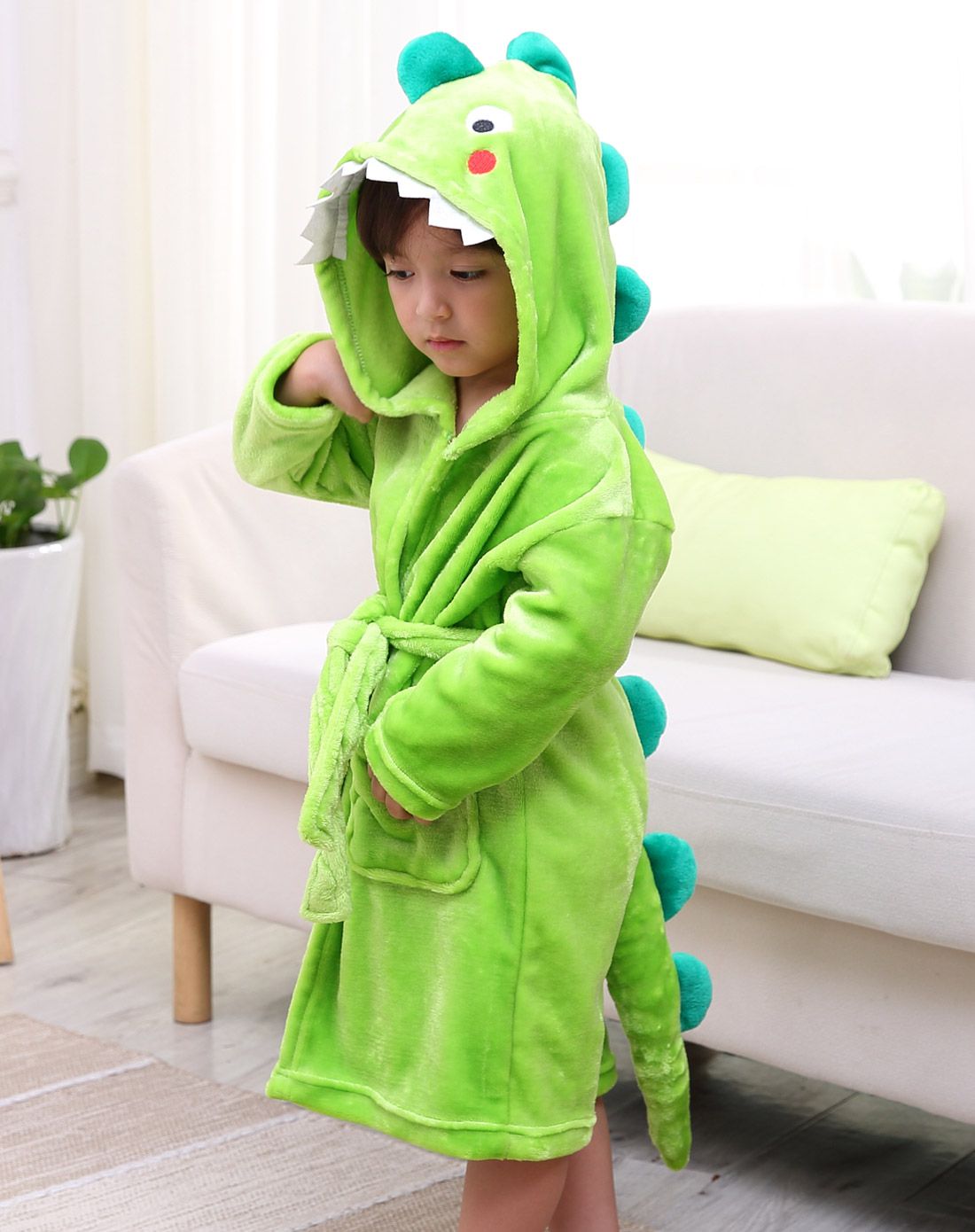 男女童秋冬保暖家居服浴袍 绿色恐龙