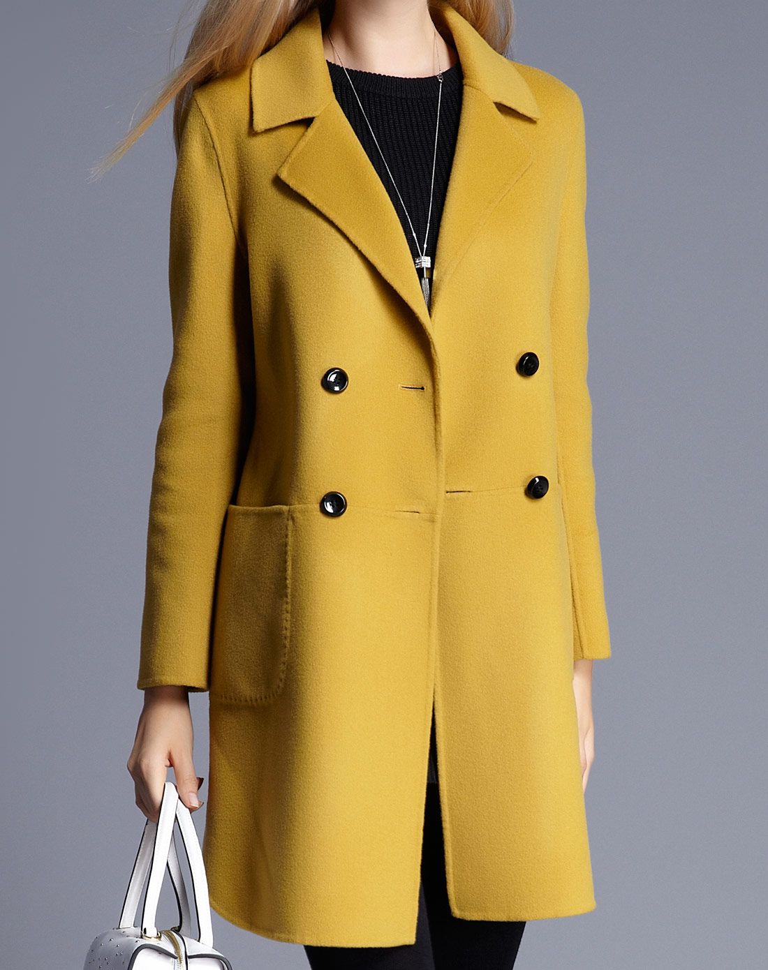 深黄经典双排扣中长款修身双面呢大衣