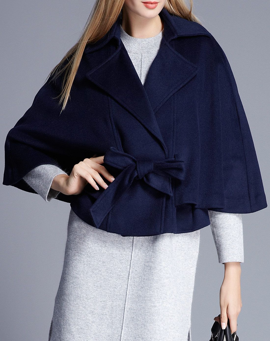 深蓝短款系带收腰斗篷大衣
