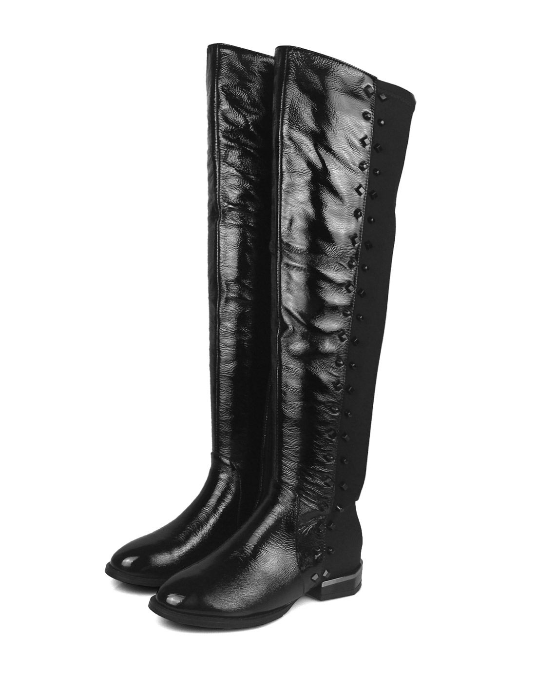 黑色时尚皱漆牛皮配弹力布高筒靴