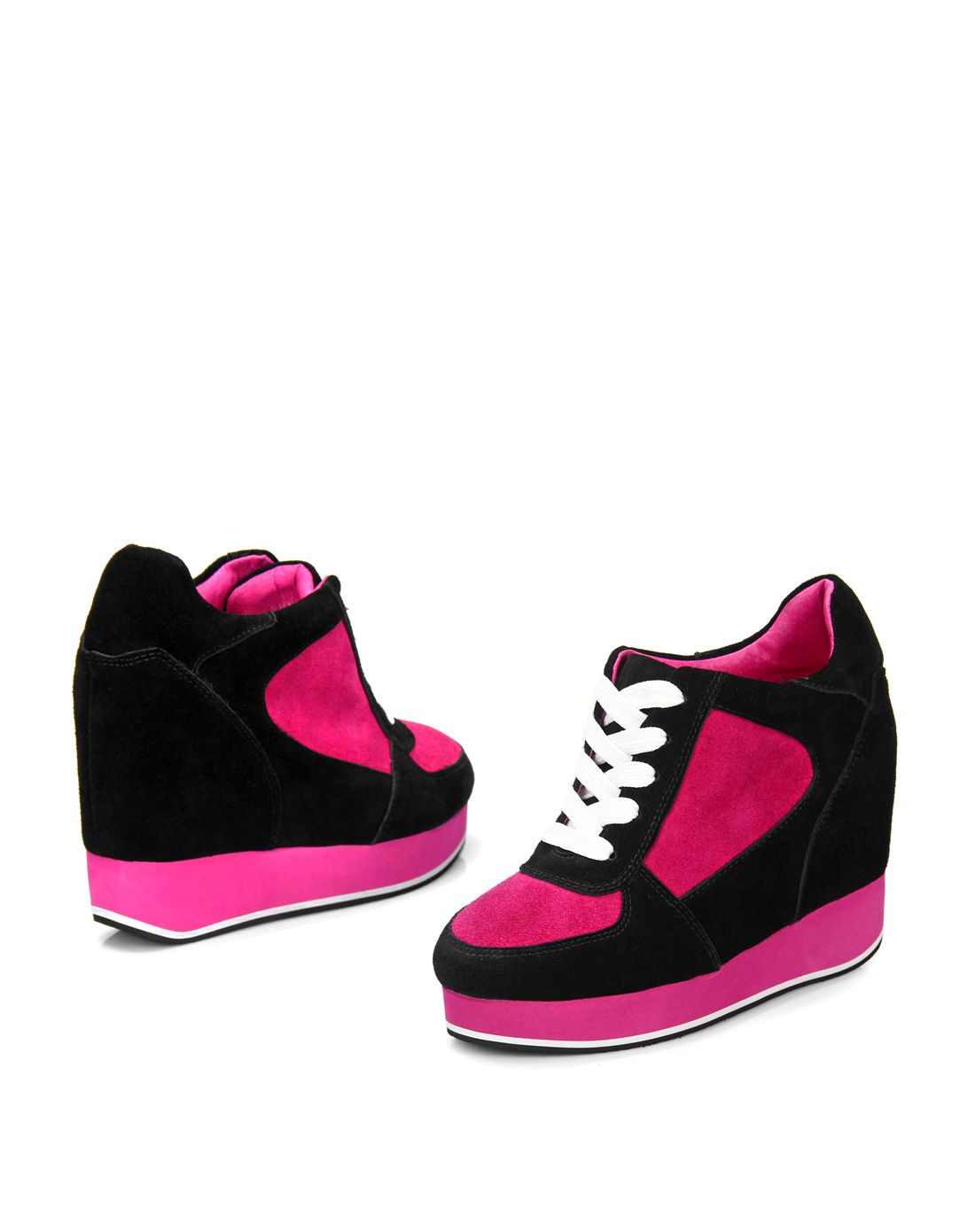 威尼女鞋黑/玫红色牛皮靓丽拼色舒适坡跟短靴yj14-gd1515-10_唯品会