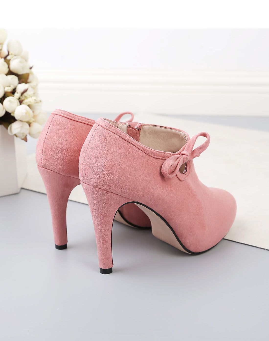 简约新款高跟蝴蝶结粉色超纤裸靴