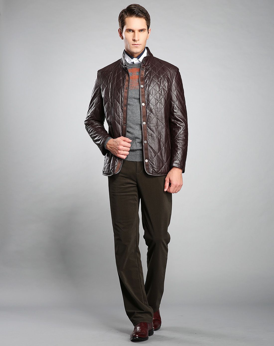 delure&铁狮丹顿testantin男装羊皮优雅菱形格按扣立领夹棉皮衣