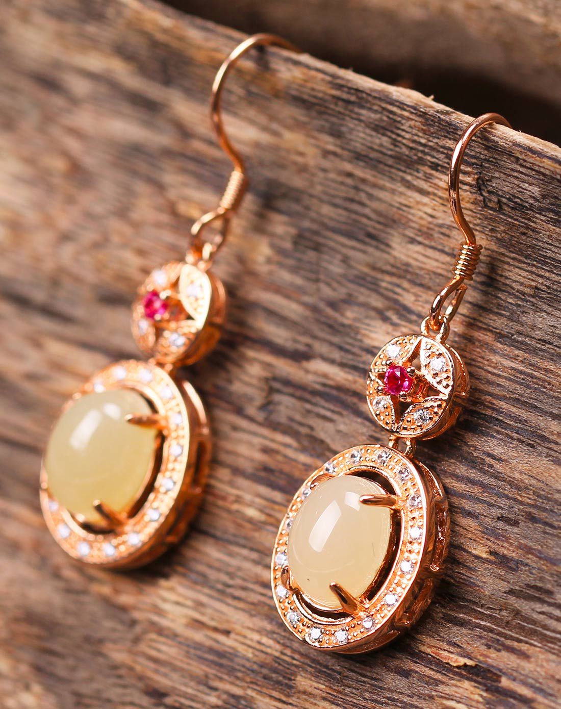 filial&love 蛋形和田玉s925银电镀玫瑰金耳环附证书