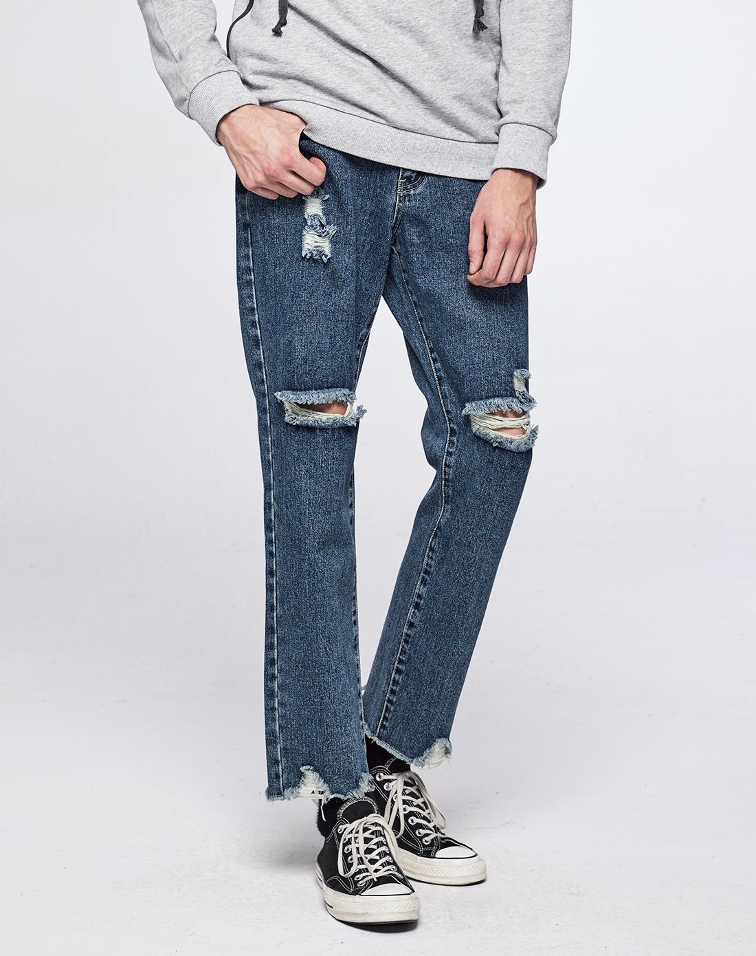 牛仔蓝 猫须破洞休闲牛仔裤