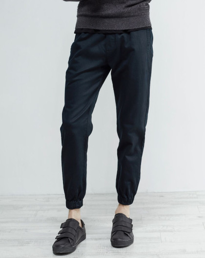 黑蓝色 时尚运动风收腰抽绳插兜收口裤