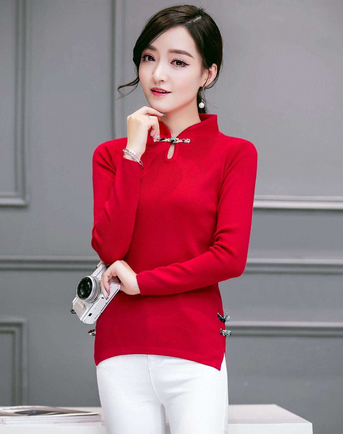 女灰色旗袍风针织衫
