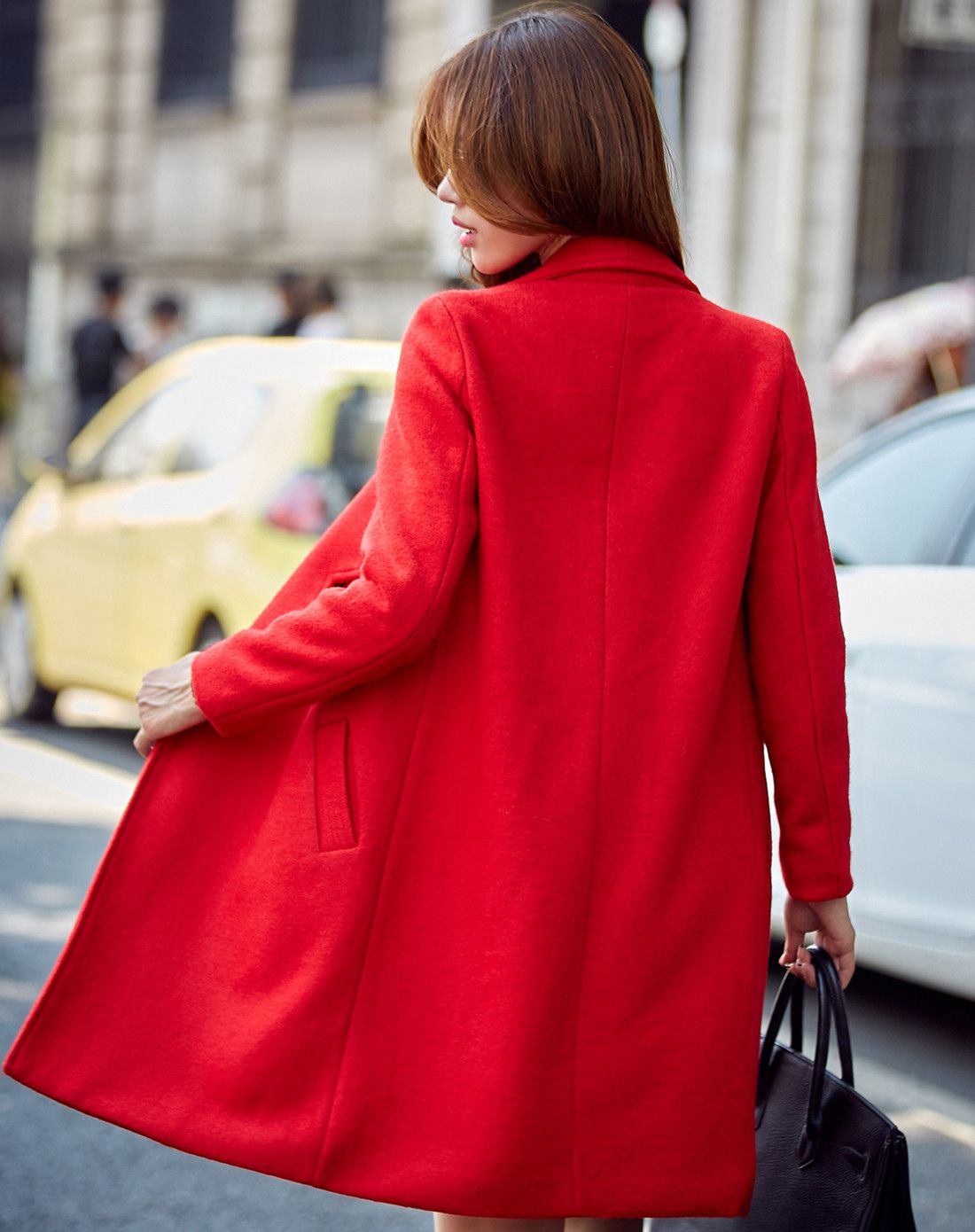 女红色欧美风呢大衣