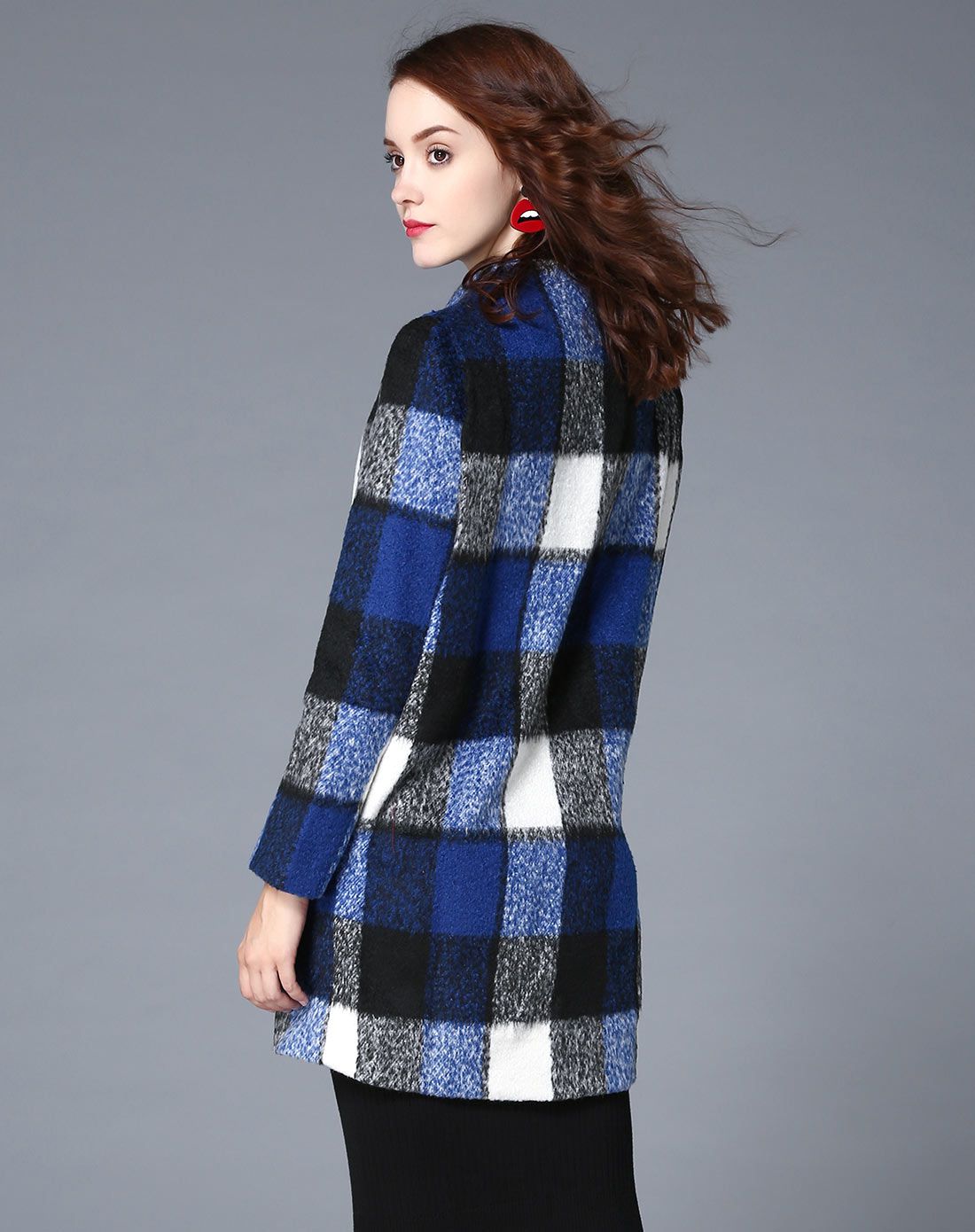 蓝色格子呢料长袖中长款大衣