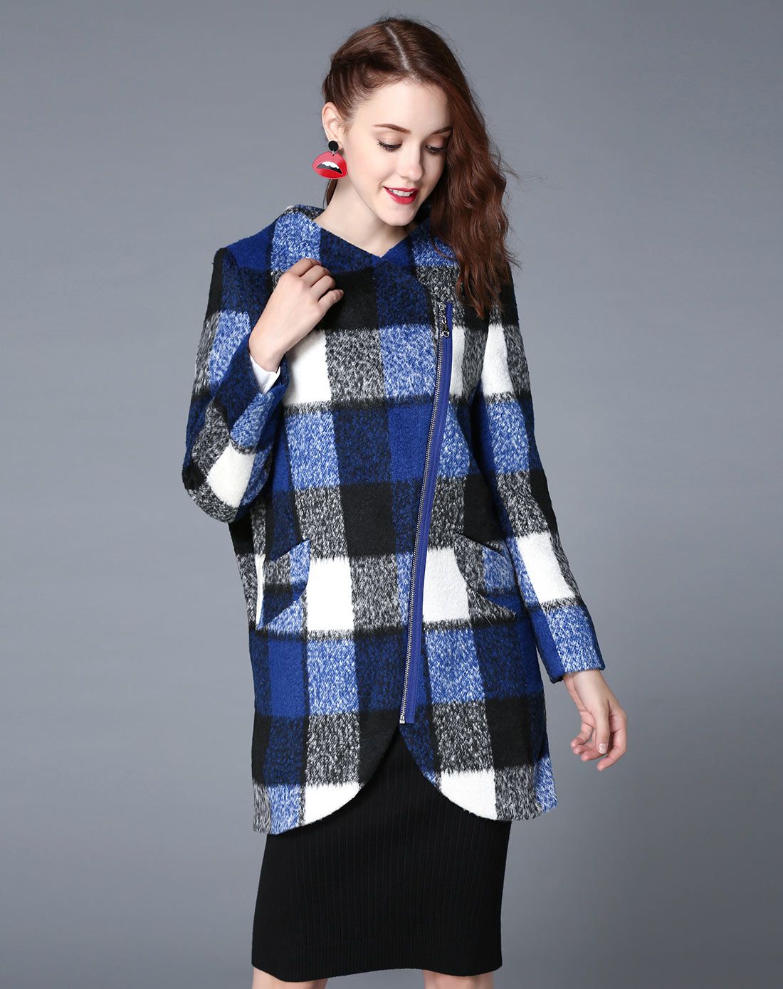 蓝色格子呢料长袖中长款大衣