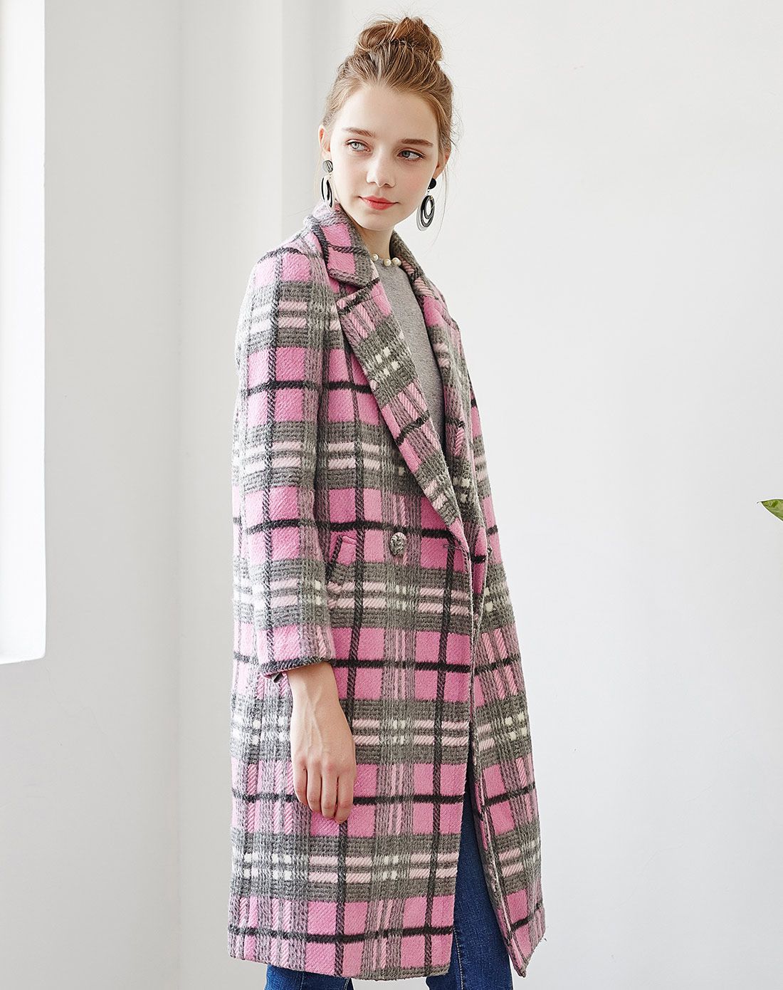 纳纹na·wain粉灰撞色格纹大衣1091504016fb02_唯品会