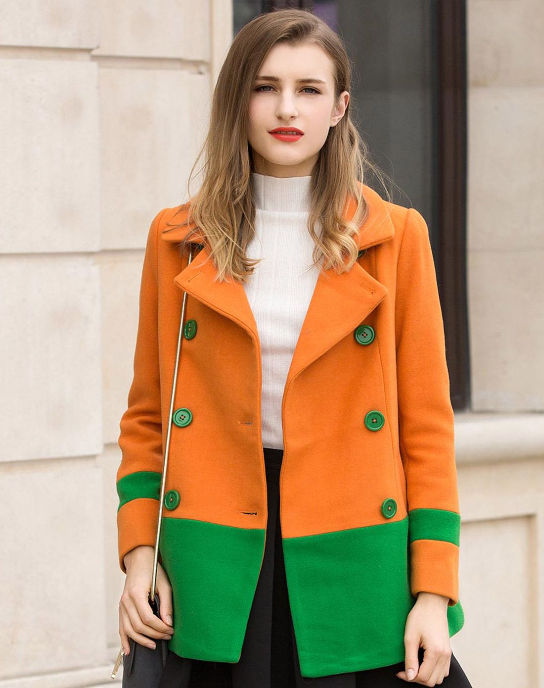 桔色西装领撞色下摆呢大衣