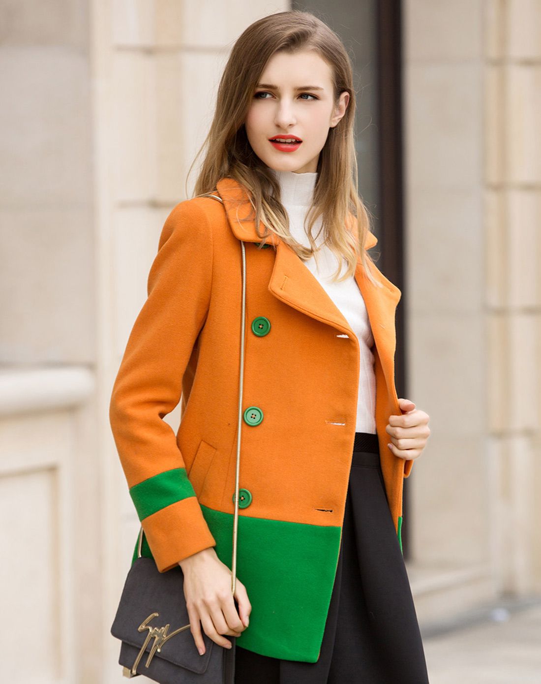 桔色西装领撞色下摆呢大衣