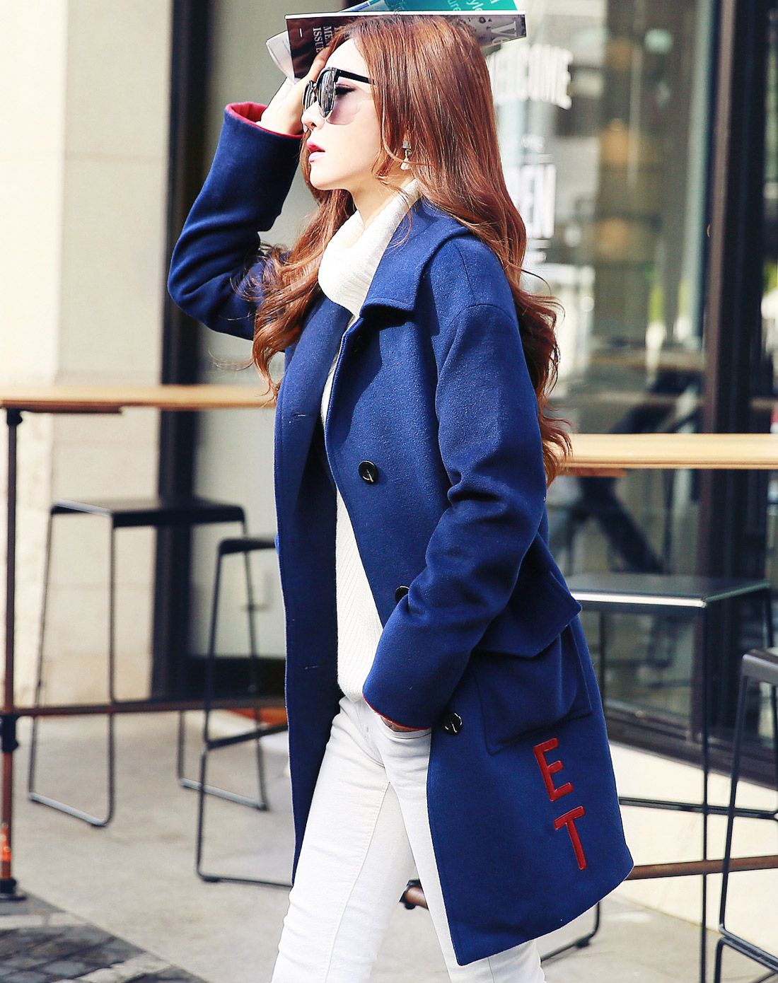 韩都衣舍hstyle女装专场 藏蓝色长袖毛呢外套 商品编