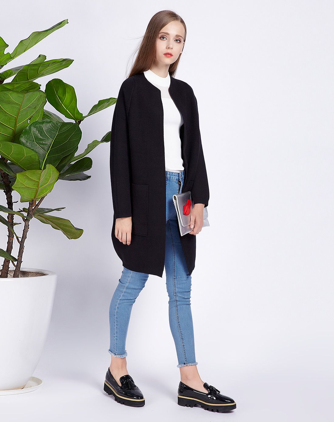 tt.color黑色圆领插肩袖双口袋毛织外套t1610m056903_唯品会