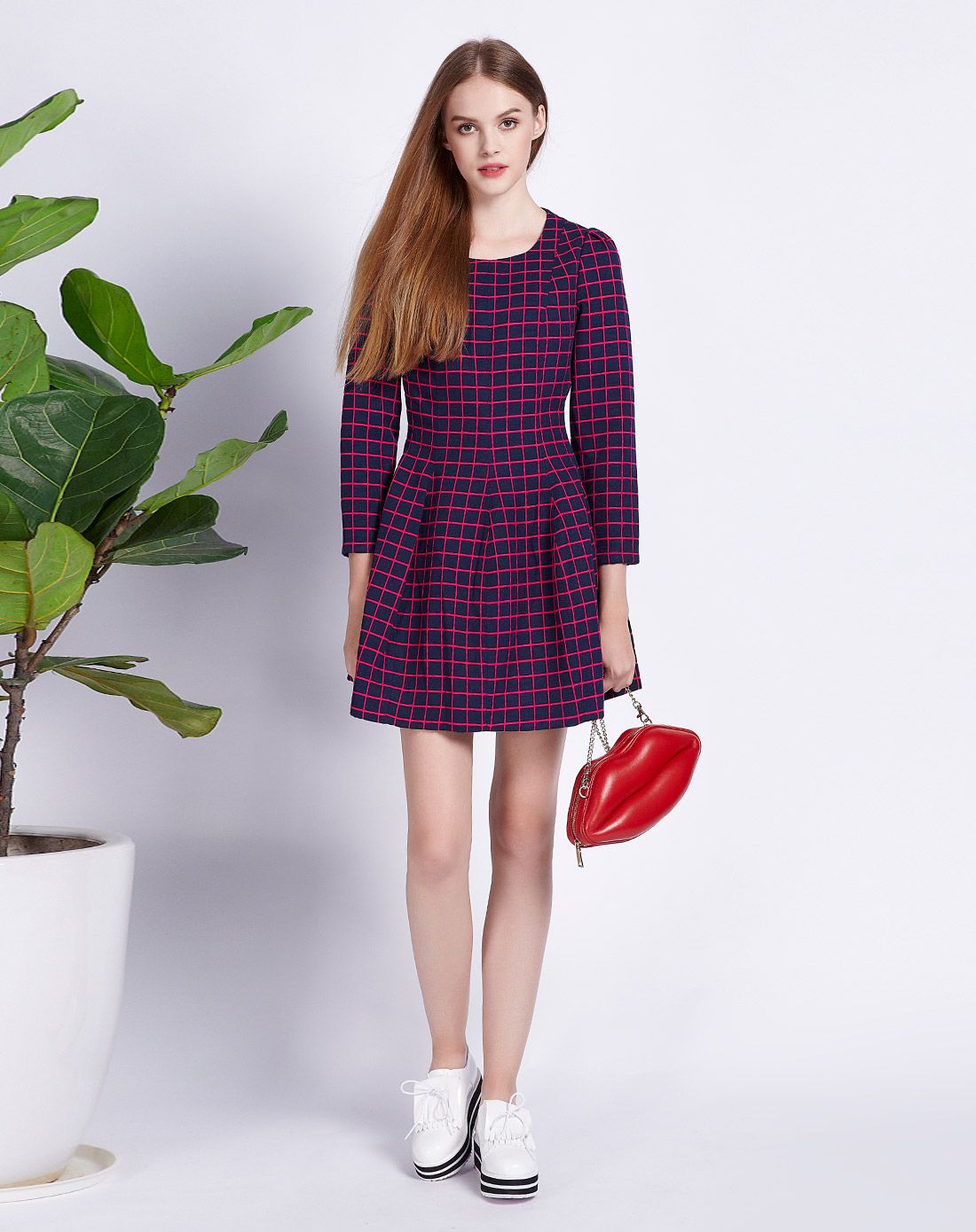 tt.color绿色优雅格子荷叶边下摆连衣裙t6s183310_唯品会