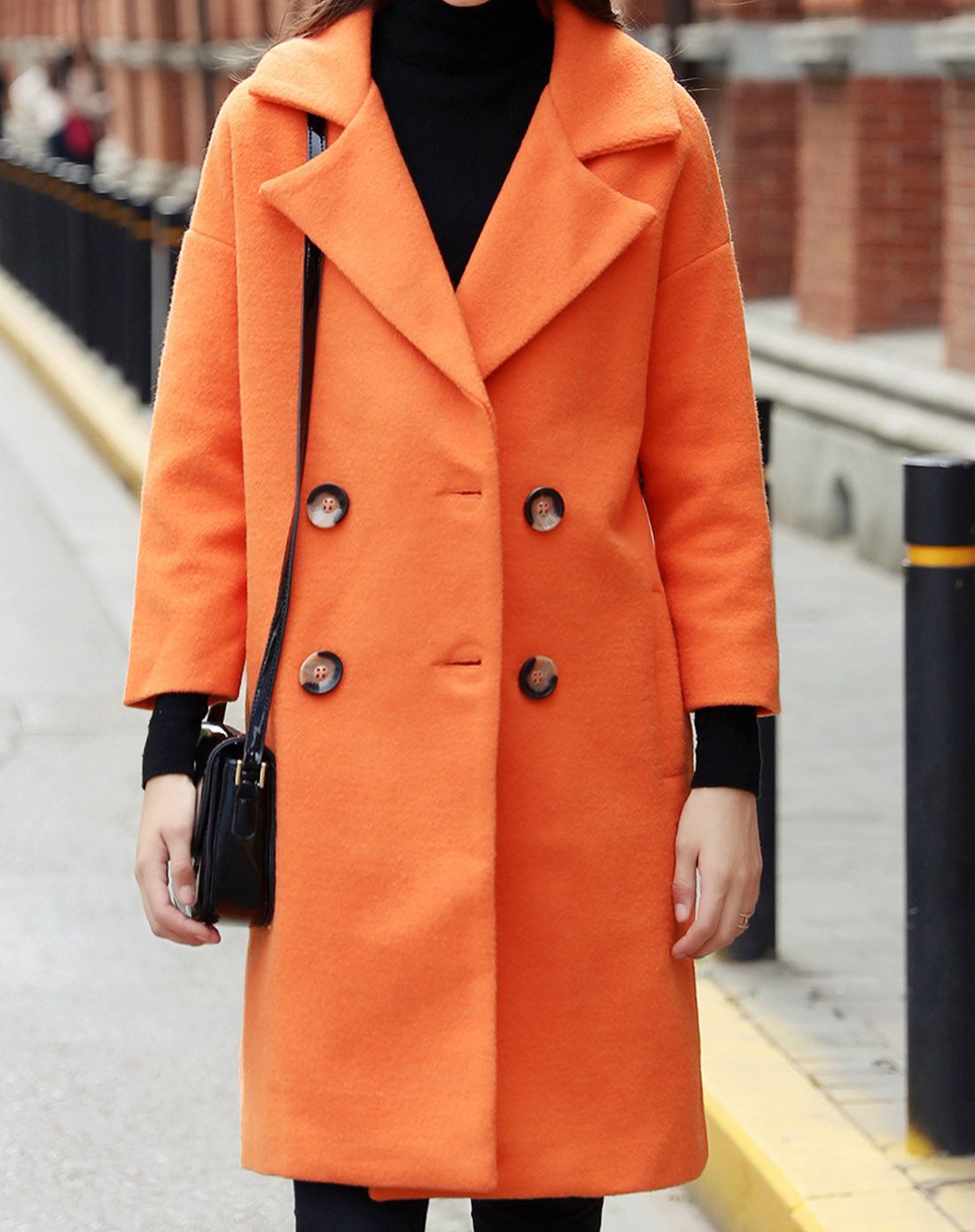 橘色新款气质显瘦翻领长款呢大衣