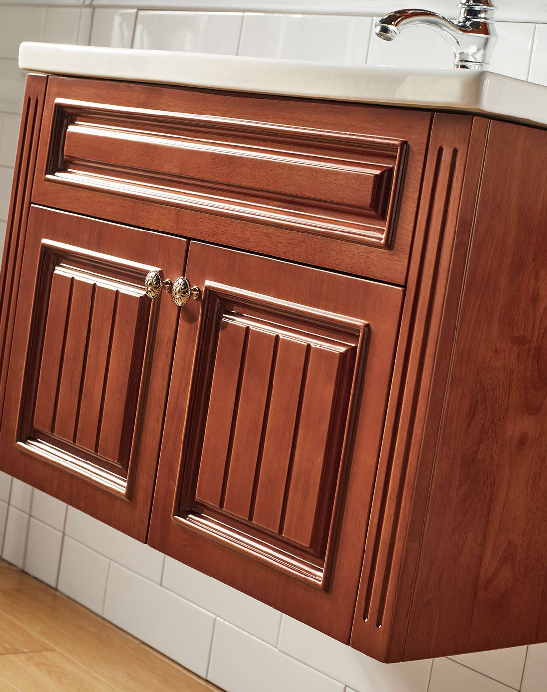 现代美式栗子色实木浴室柜带龙头套餐