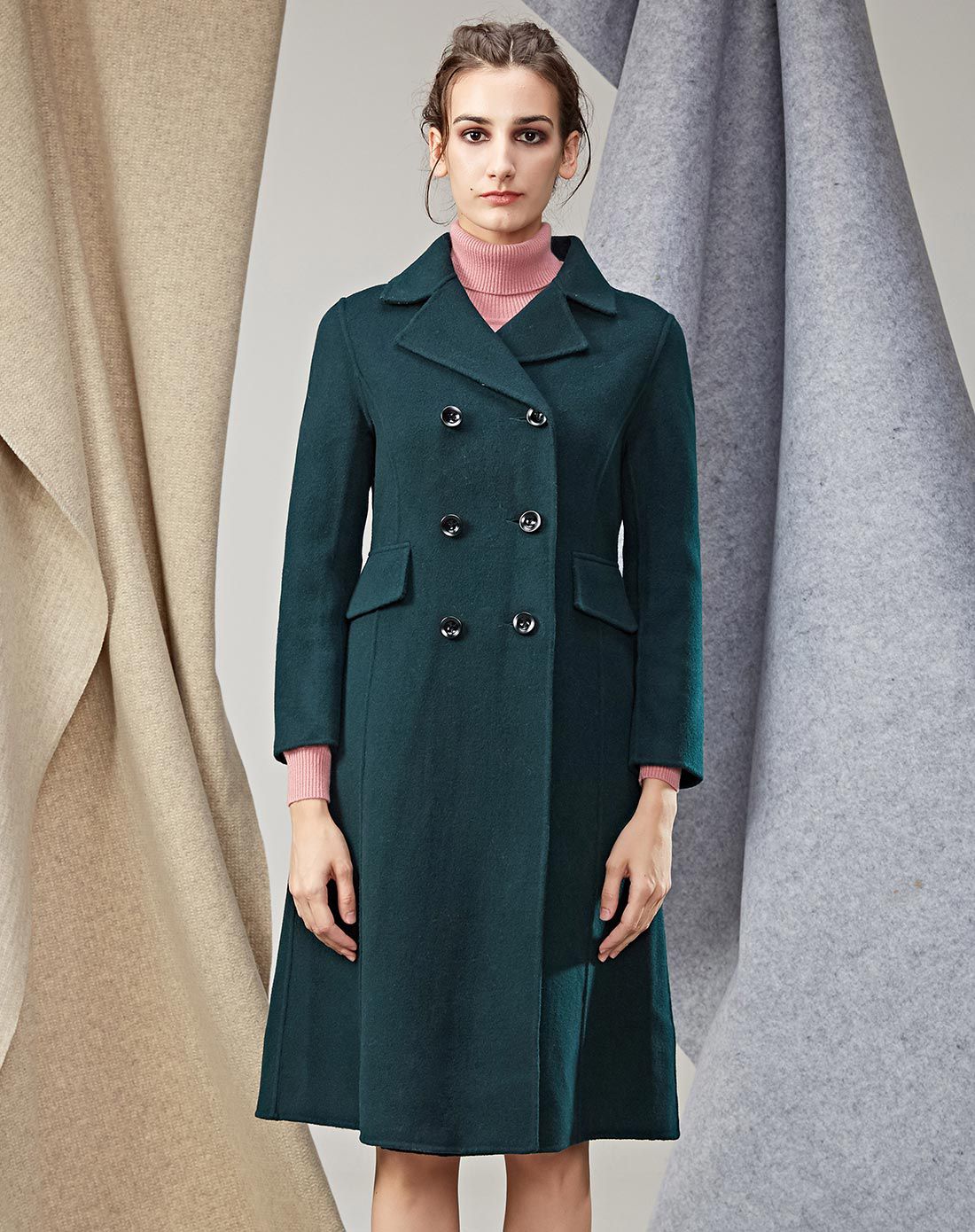墨绿色翻领双面呢大衣