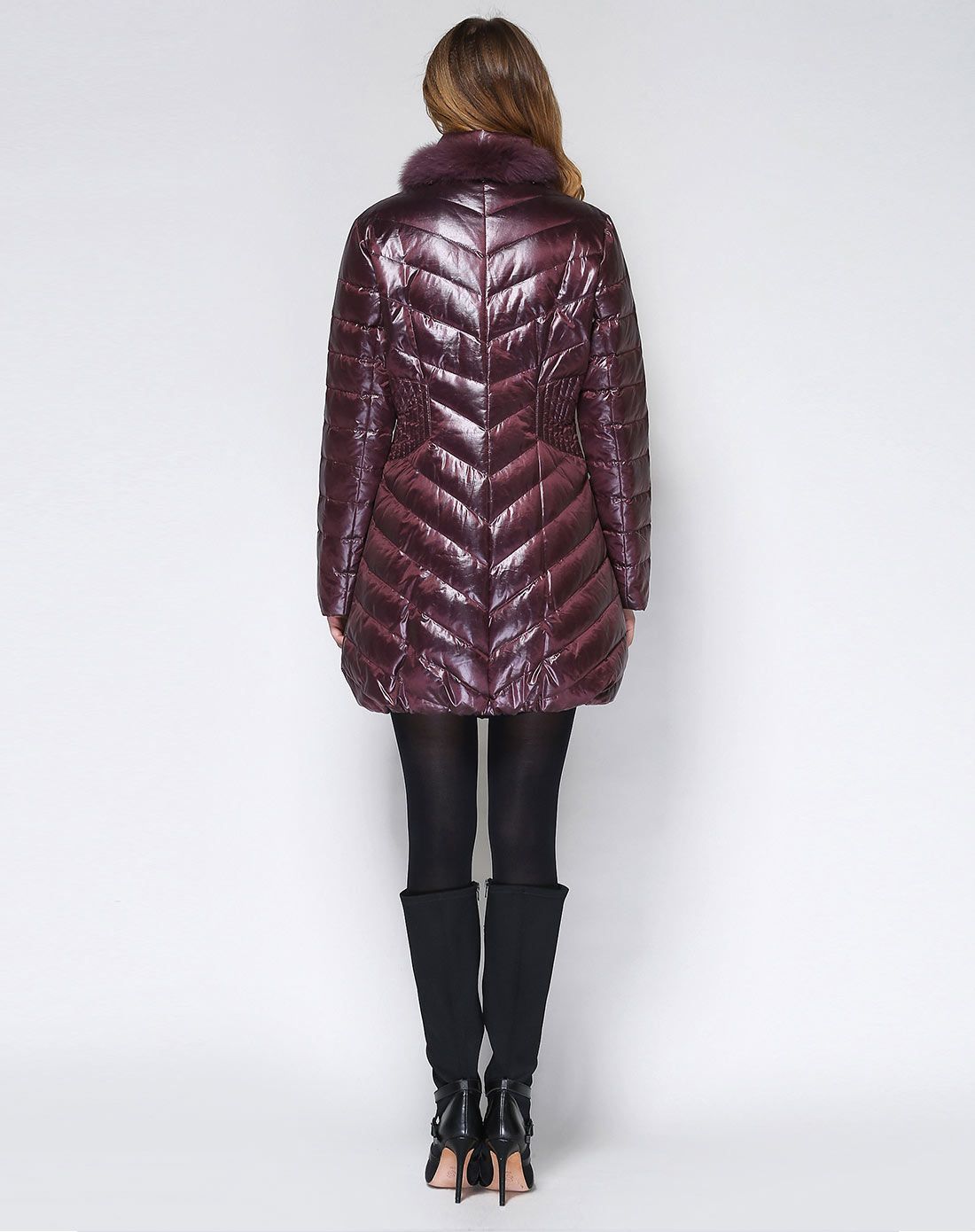 茄色修身中长款百搭羽绒服