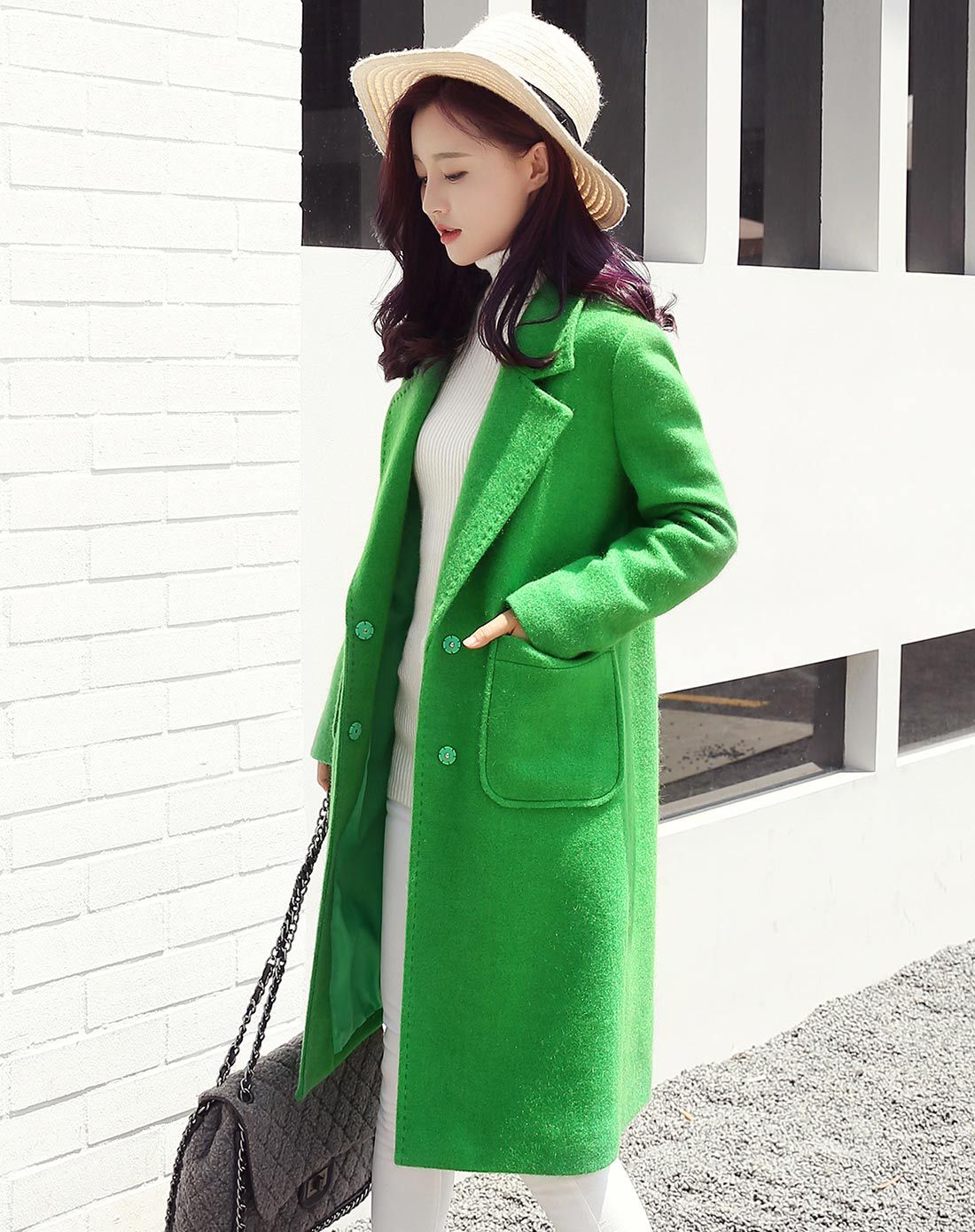 乔伊思女装移动端专场绿色翻领贴袋毛呢大衣w64205354_唯品会