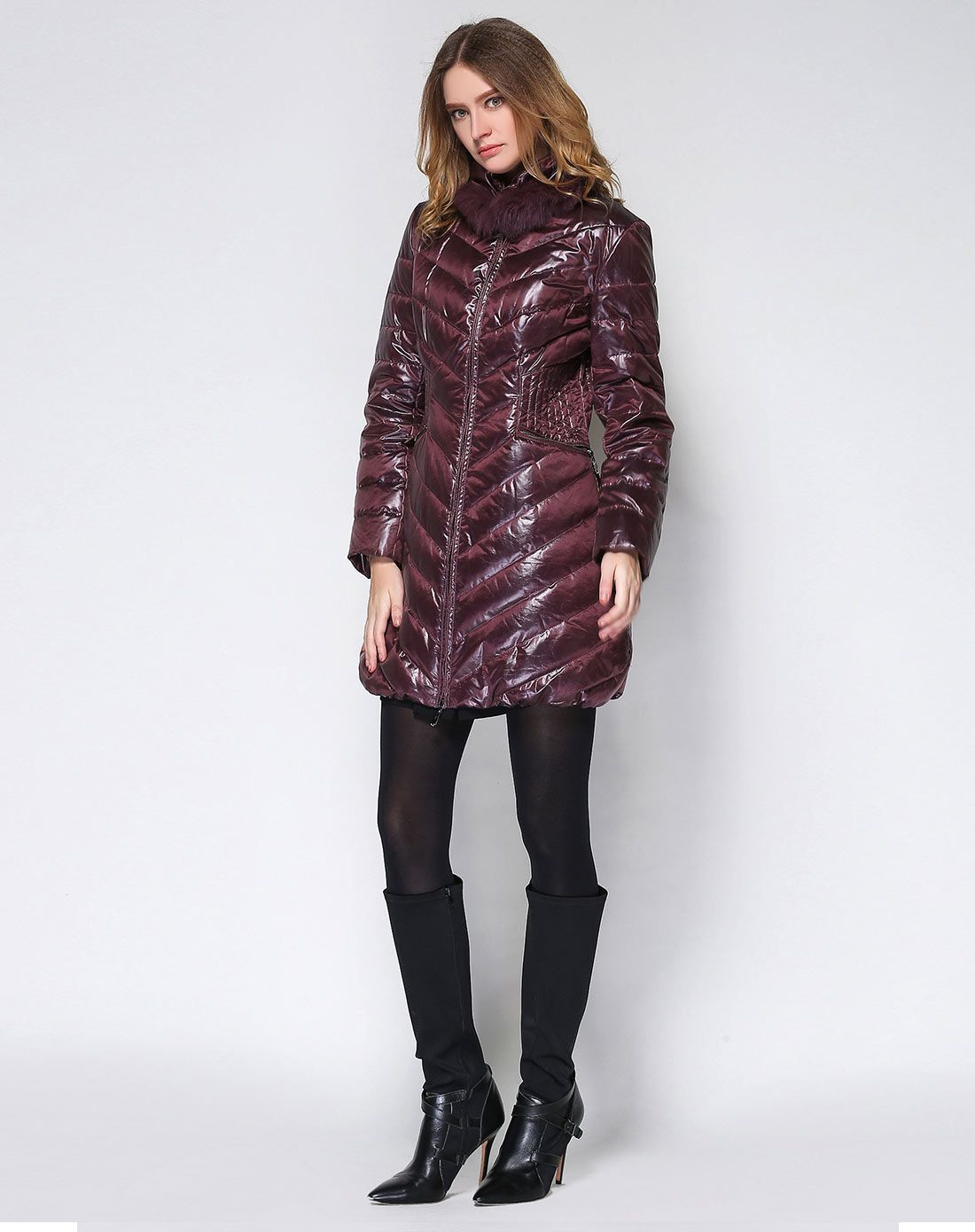 茄色修身中长款百搭羽绒服