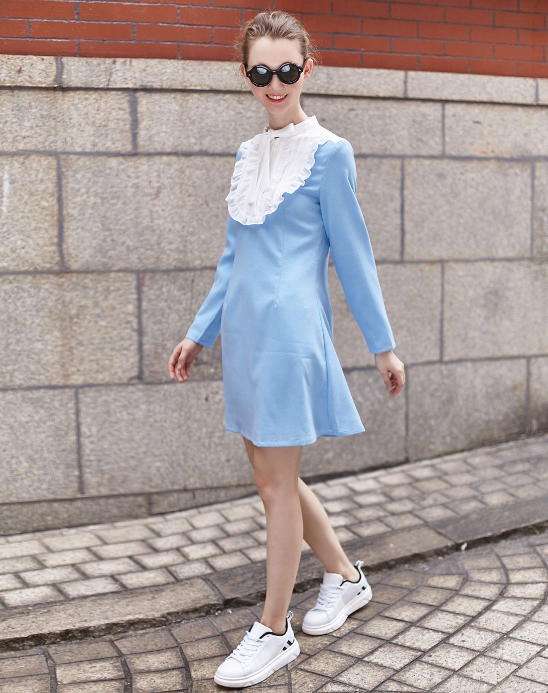 ugoccam蝴蝶结花边领连衣裙蓝bql008163_唯品会