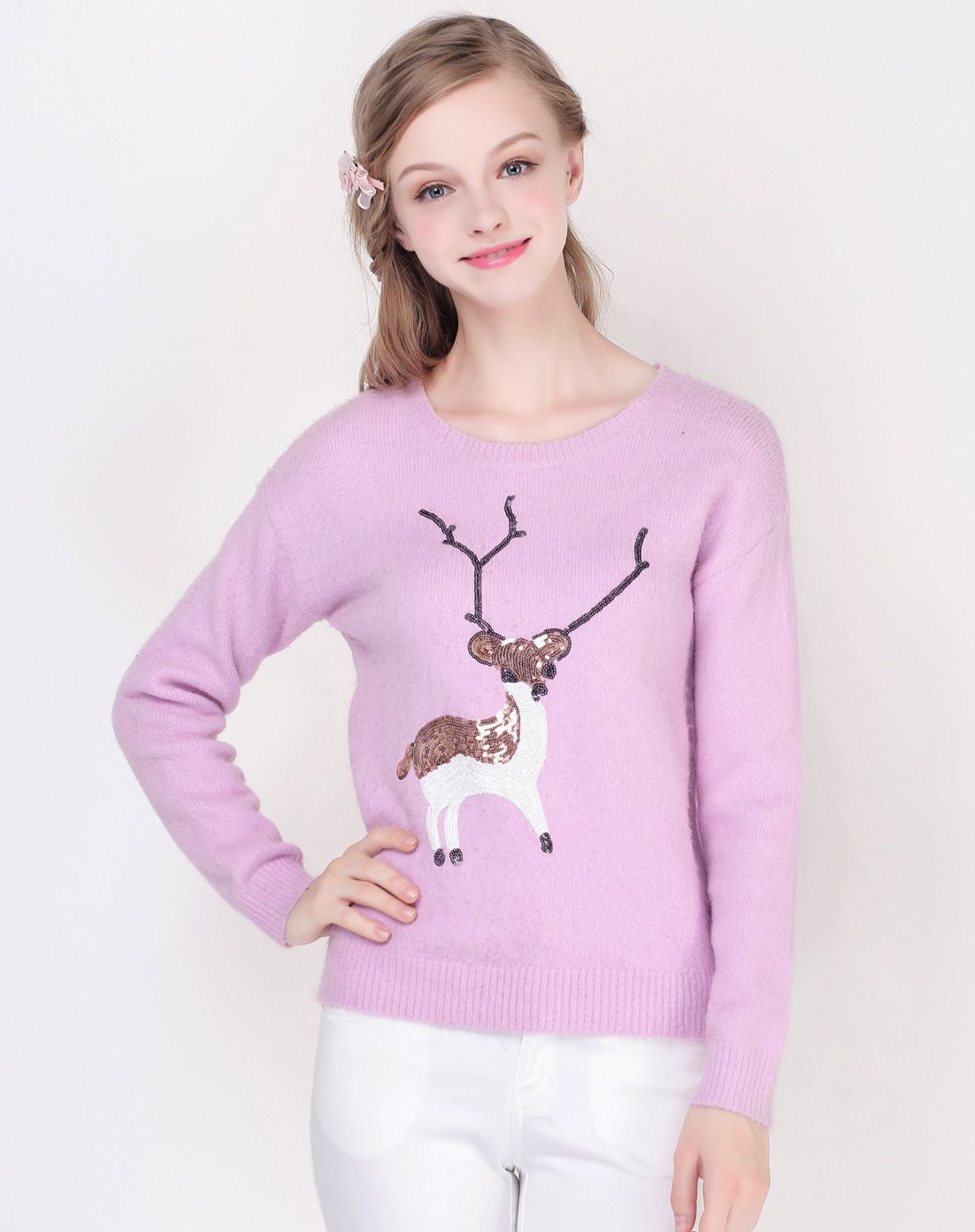 墨绿甜美圆领小鹿图案毛衣