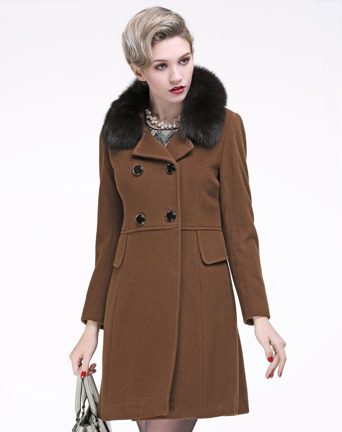 女款咖啡色带毛领羊毛大衣