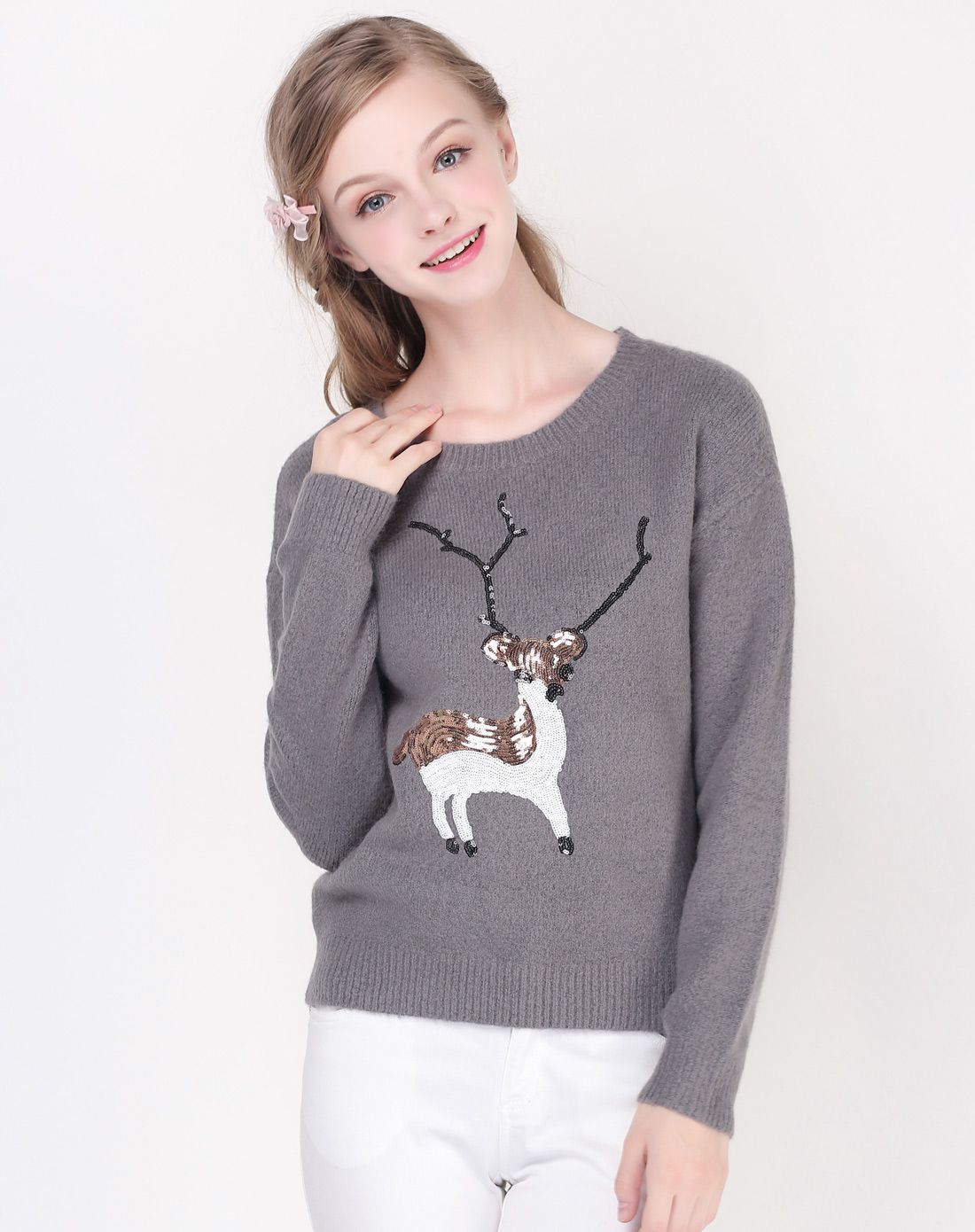 粉紫甜美圆领小鹿图案毛衣