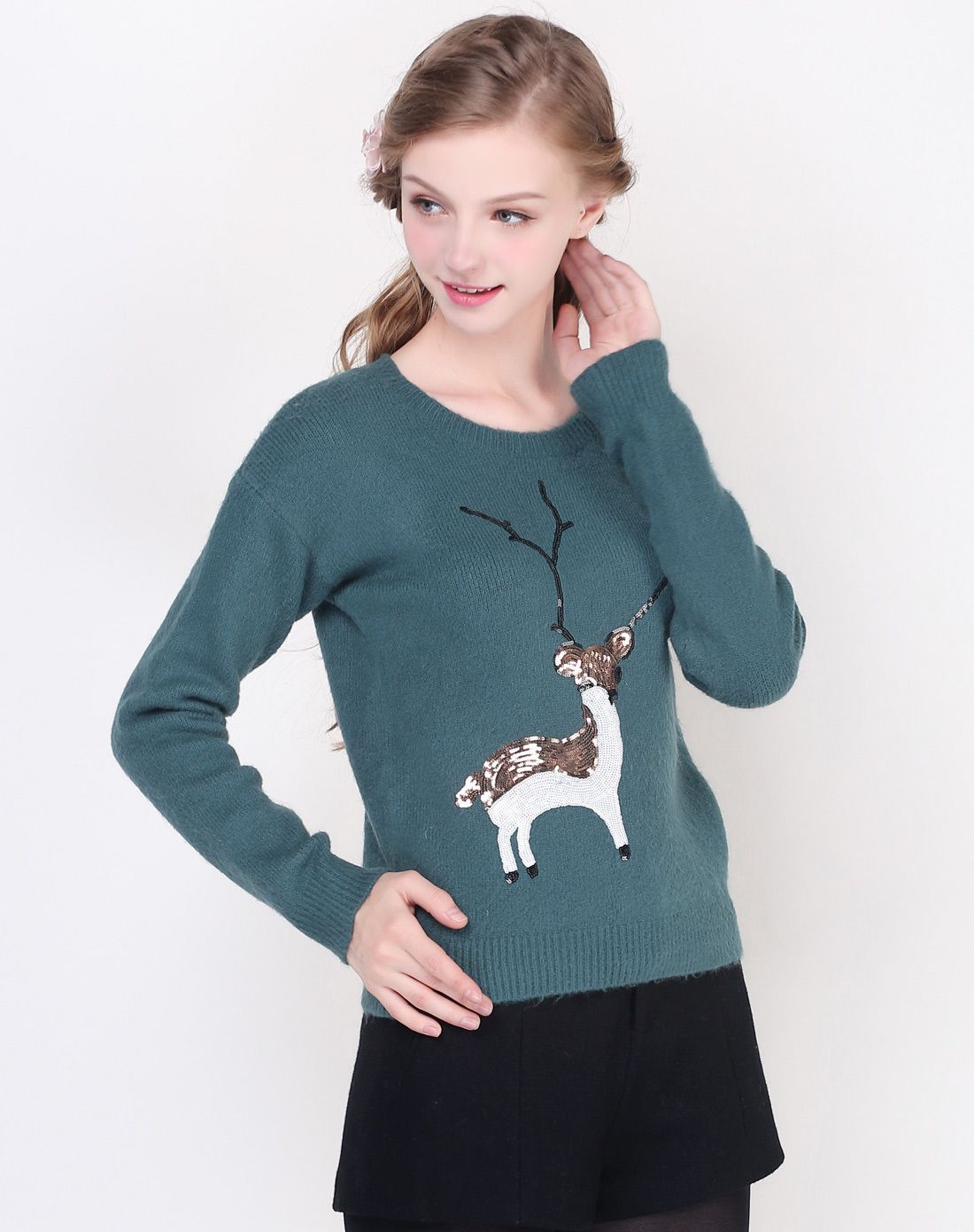 墨绿甜美圆领小鹿图案毛衣