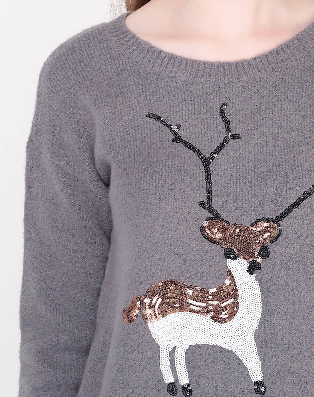 深花灰甜美圆领小鹿图案毛衣