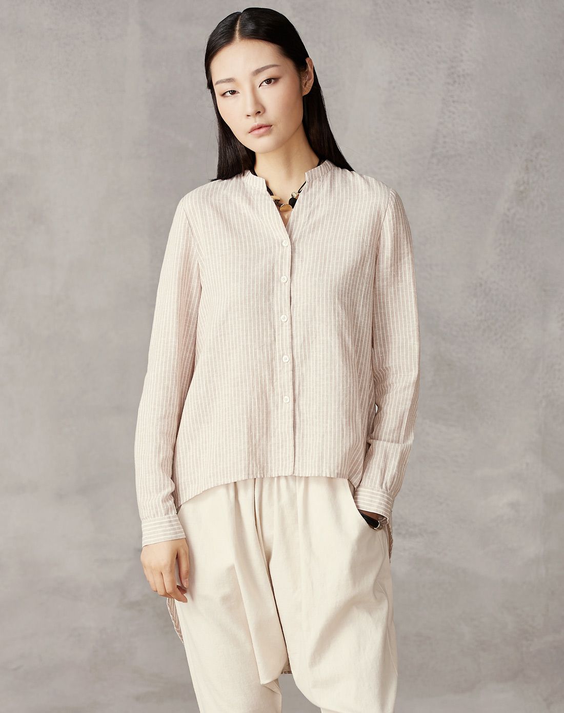 范儿小立领开襟麻棉条纹长袖前短后长衬衫