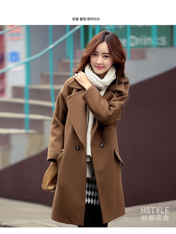 咖啡色a长袖毛呢外套