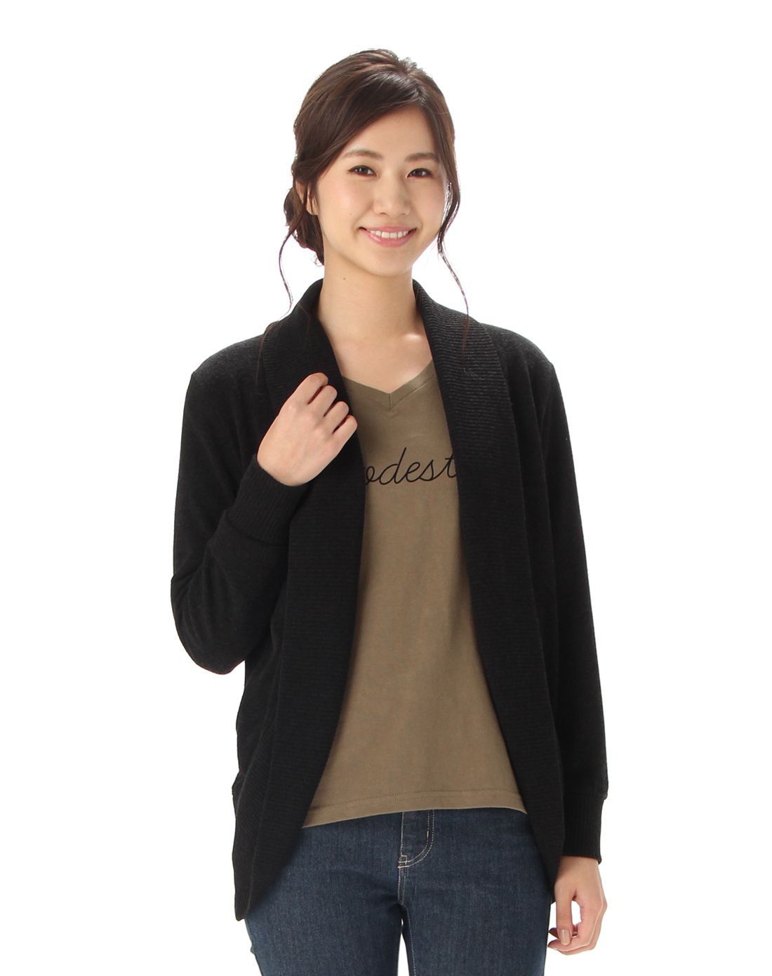 honeys2016秋新翻领无扣圆摆开衫