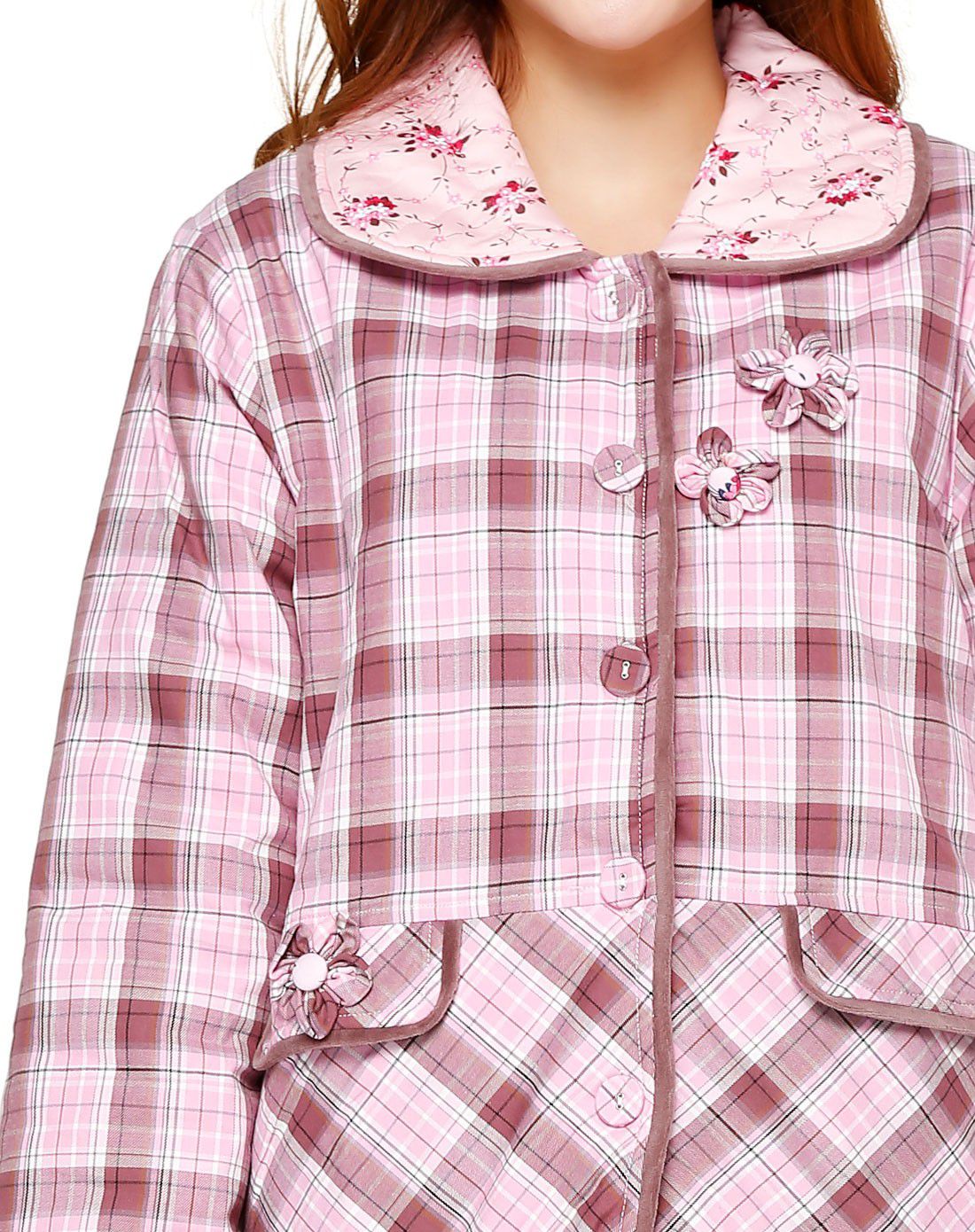 达尔丽女款浅红/多色格布夹棉长袖家居服