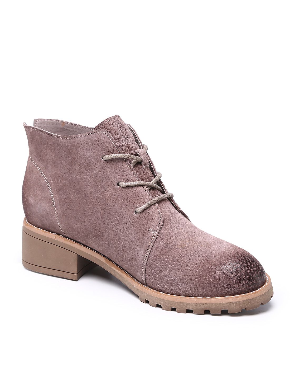 16新款 系带 豆沙色猪皮革简约中跟短靴