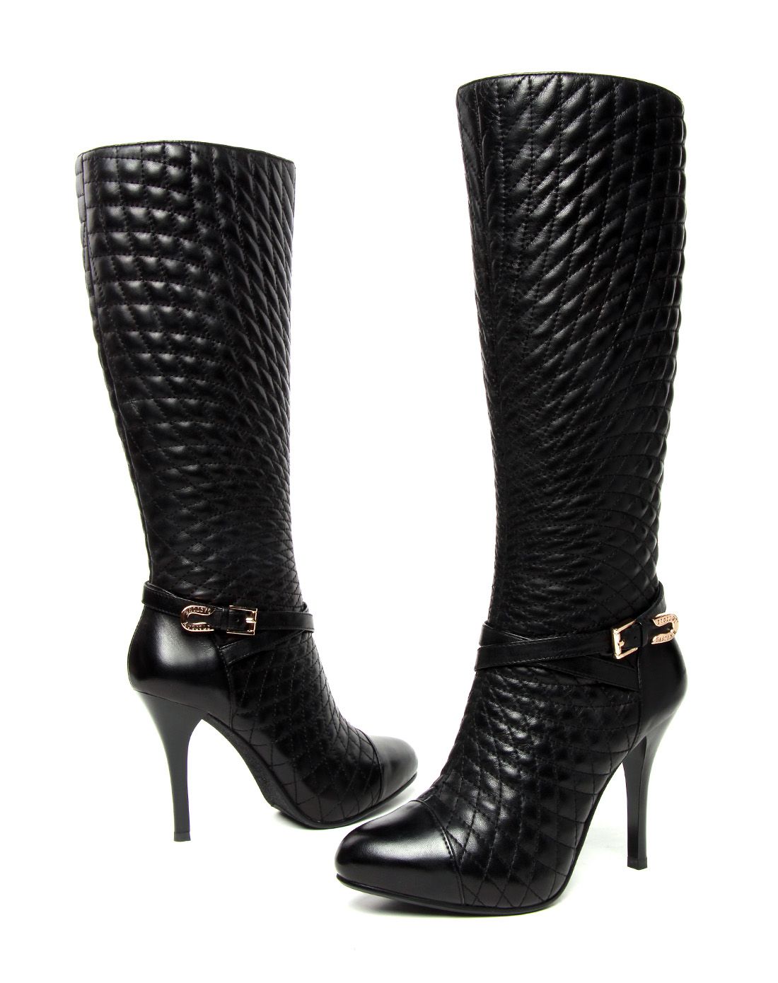 个性时尚黑色色羊皮中跟高靴