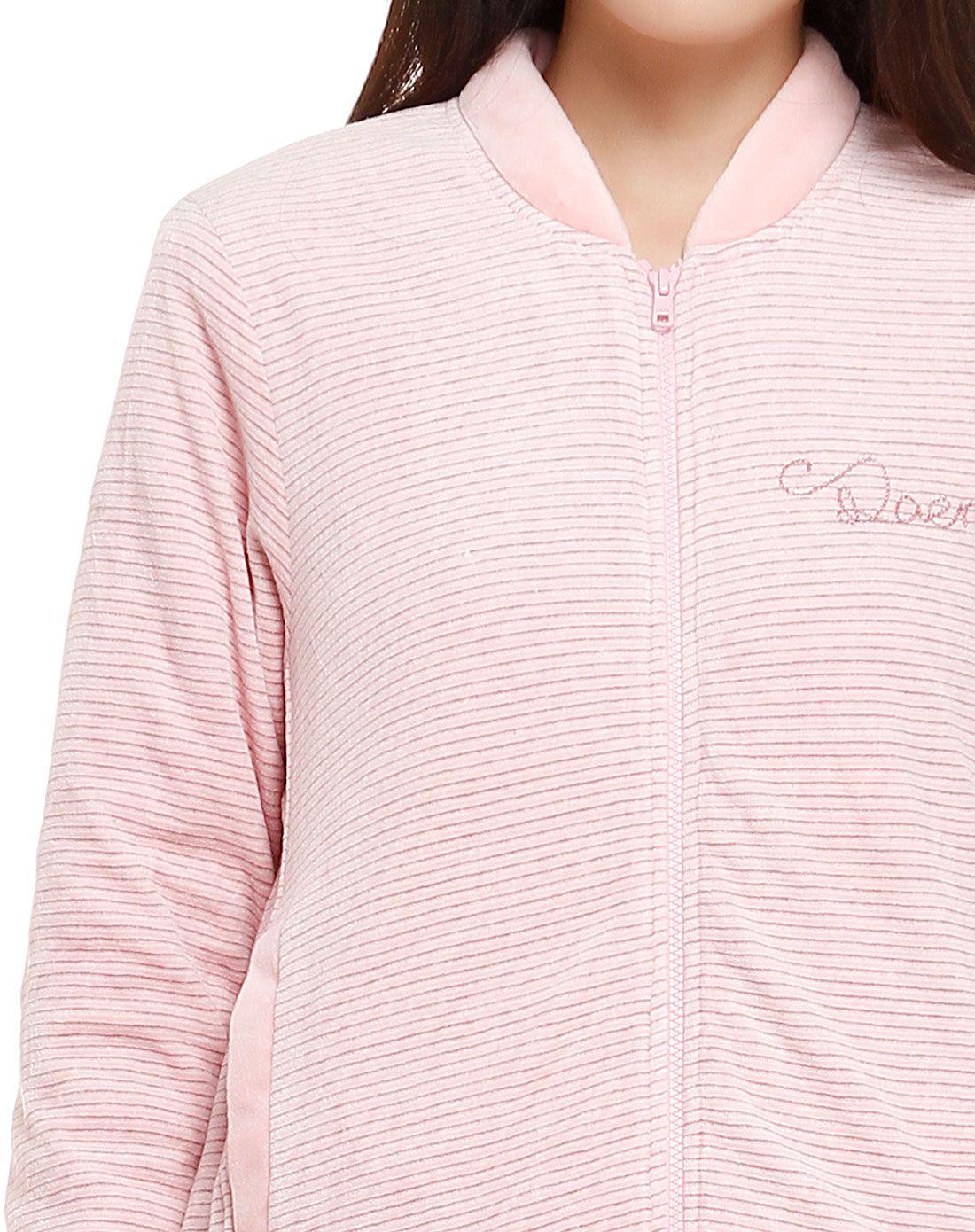 达尔丽女款虾红条纹夹棉长袖家居服套