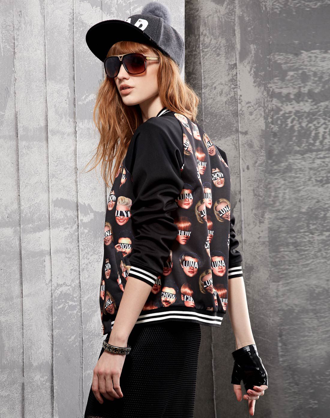 欧美潮流时尚运动风人头字母印花罗纹领棒球服长袖外套