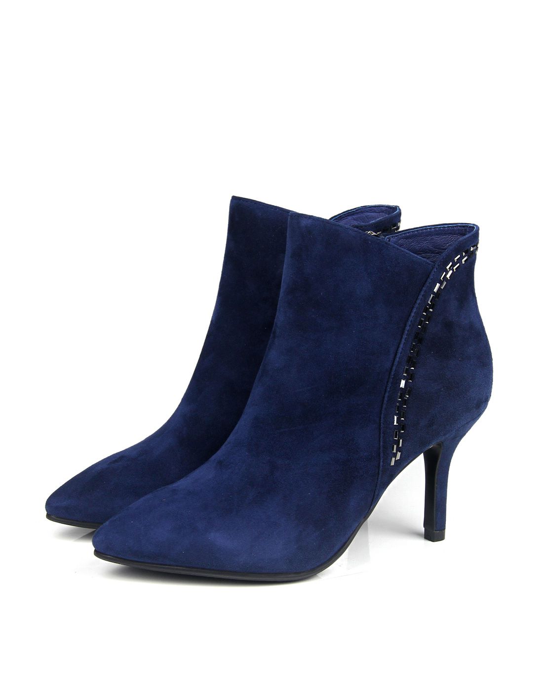 冬季新品蓝色羊皮简约烫钻尖头短靴