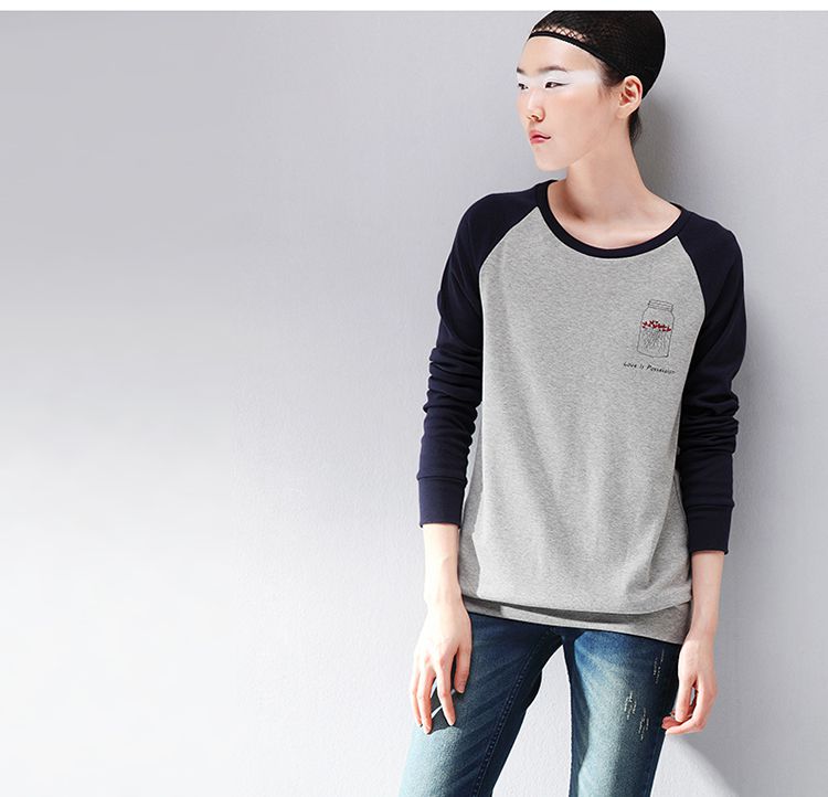 黑蓝休闲宽松拼接长袖t恤
