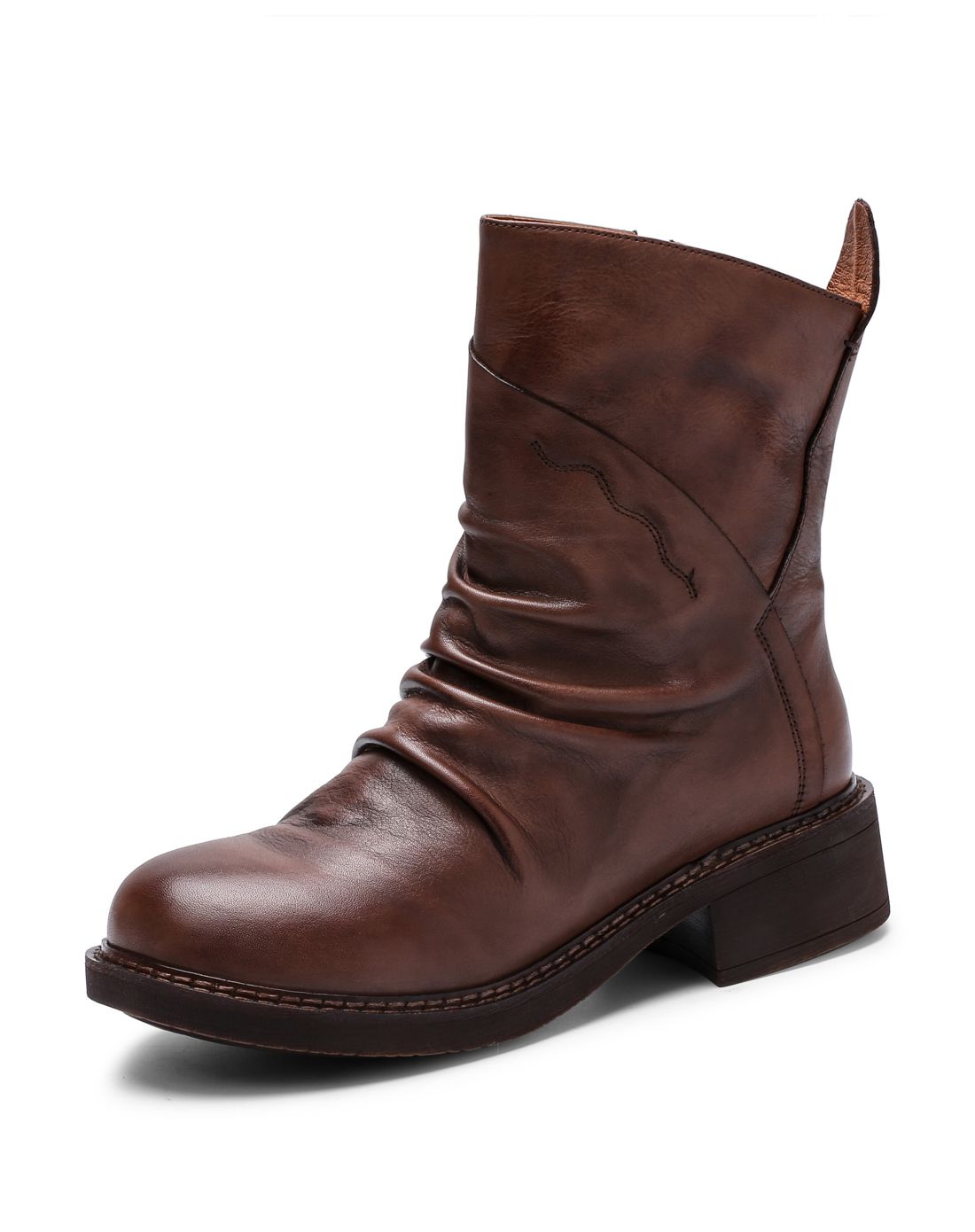 2016新款女黑色牛皮褶皱便携后提口短靴