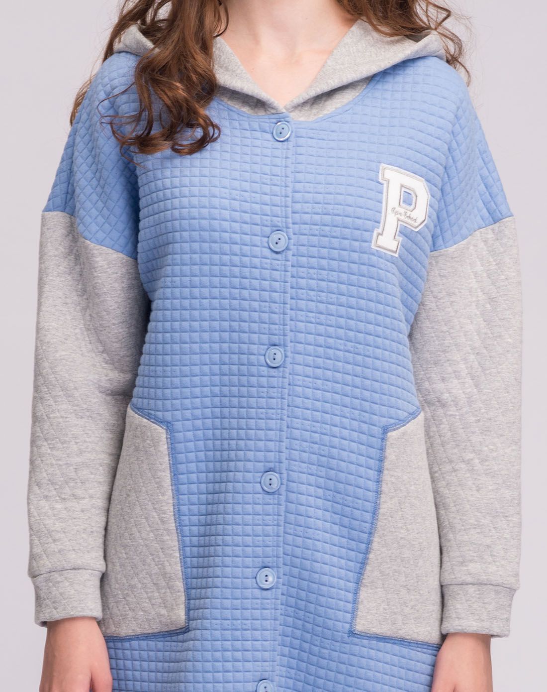 达尔丽女款灰蓝夹层棉时尚拼接连帽休闲长袖睡袍