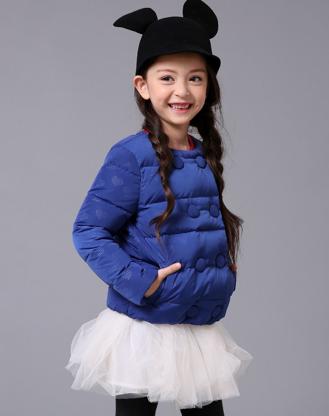 女童蓝色双排扣短款羽绒外套