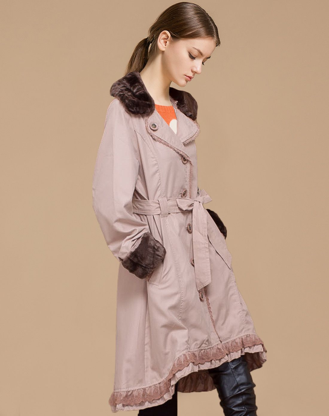 浅咖啡色休闲保暖修身长款风衣