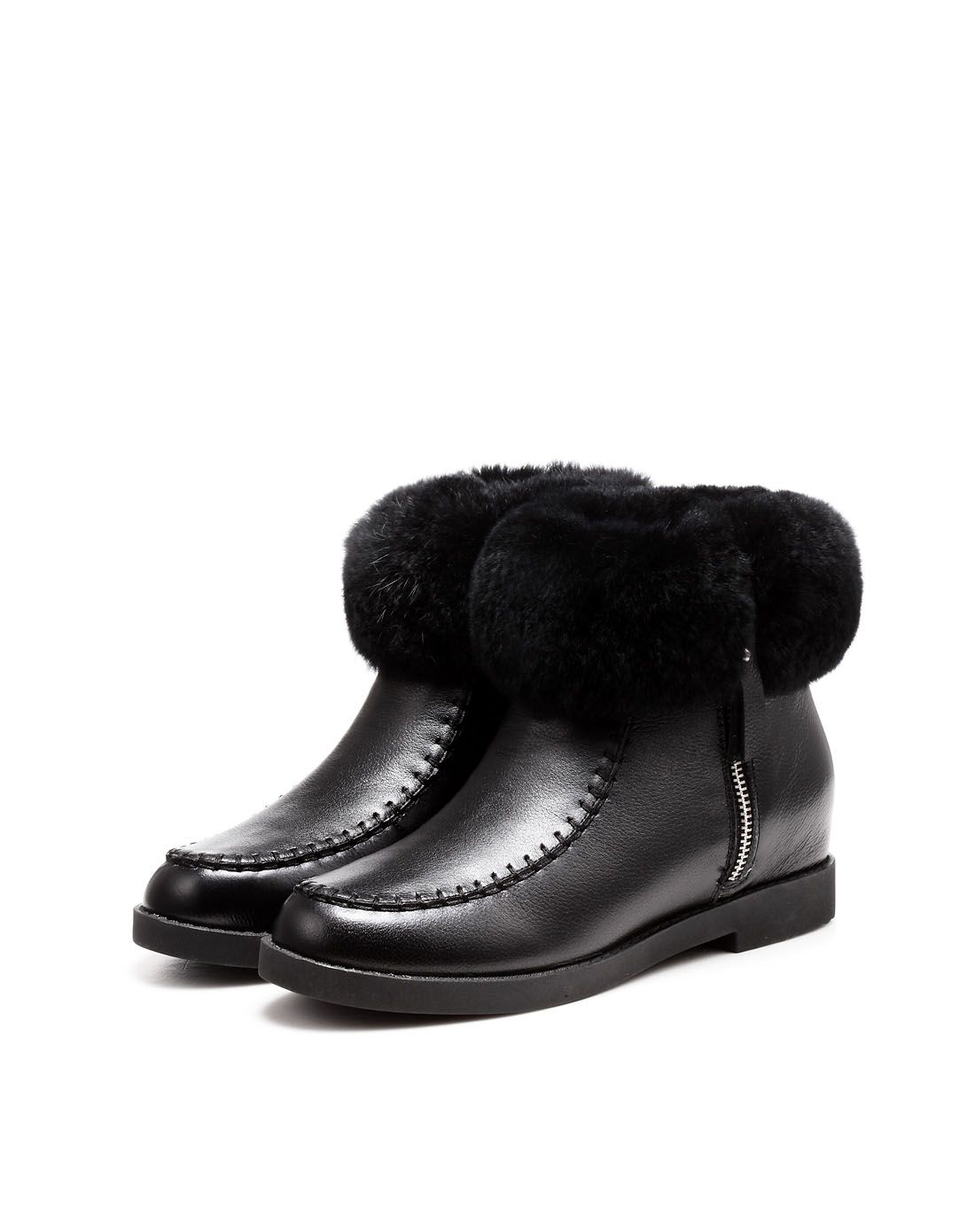 时尚舒适平跟黑色牛皮保暖靴