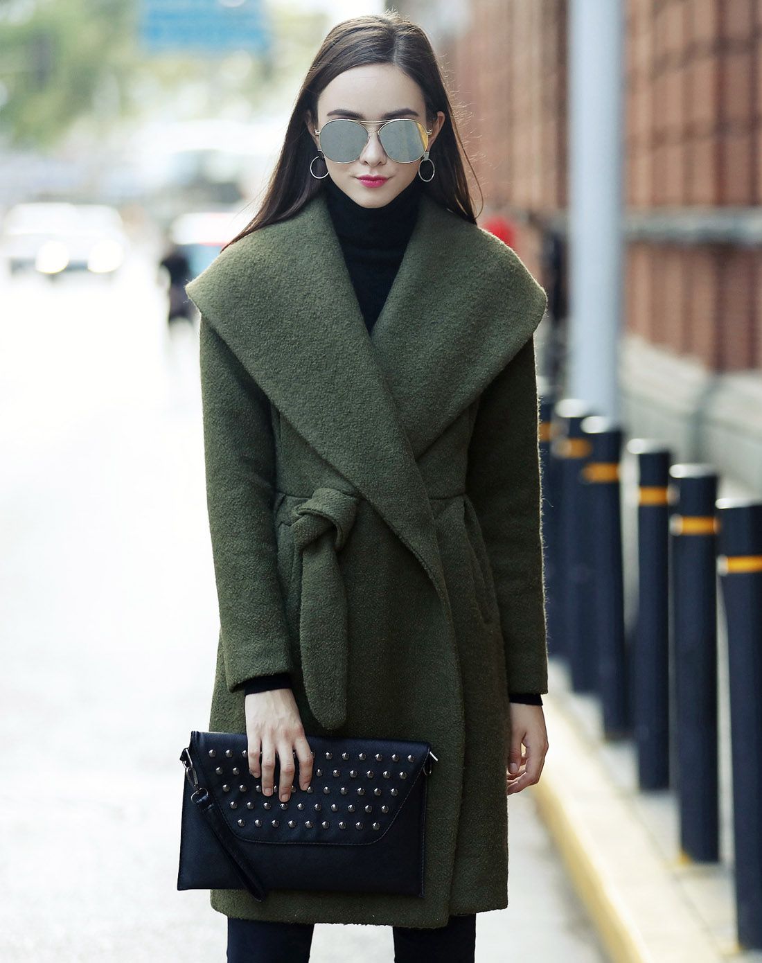 韩版新款大翻领收腰显瘦呢大衣深麻灰色